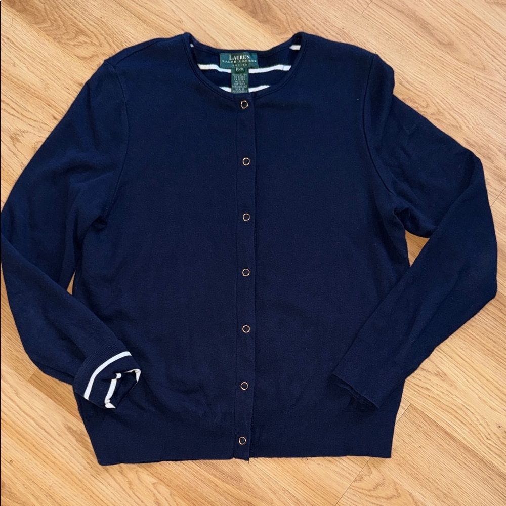 Lauren Ralph Lauren Navy Blue Cardigan Sweater Petite P Small Cotton